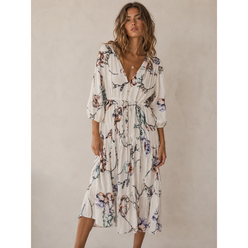 Jaase Floral Tiered Midi Dress Cream Botanical Boho V-Neck Button Front Large